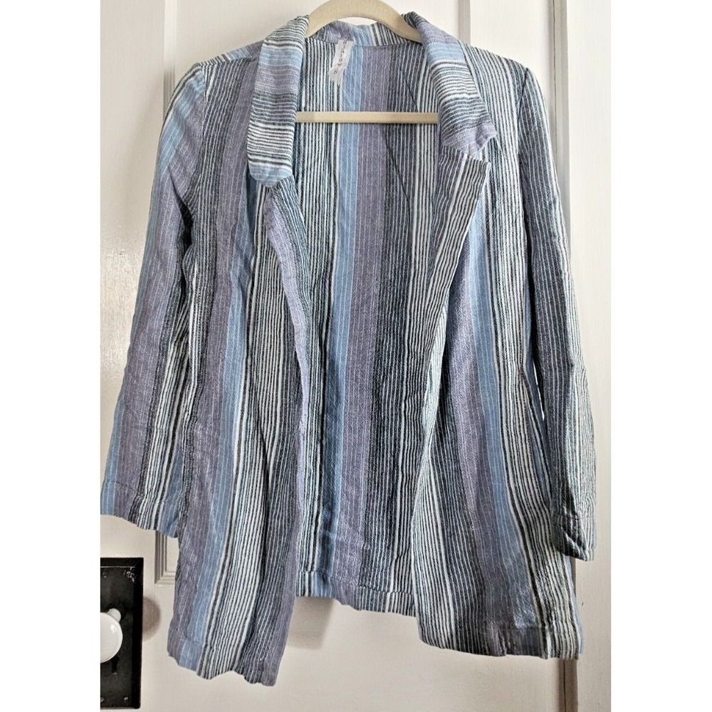 (ban.jara) woman striped Linen Rayon open front blazer roll tab sleeve Small